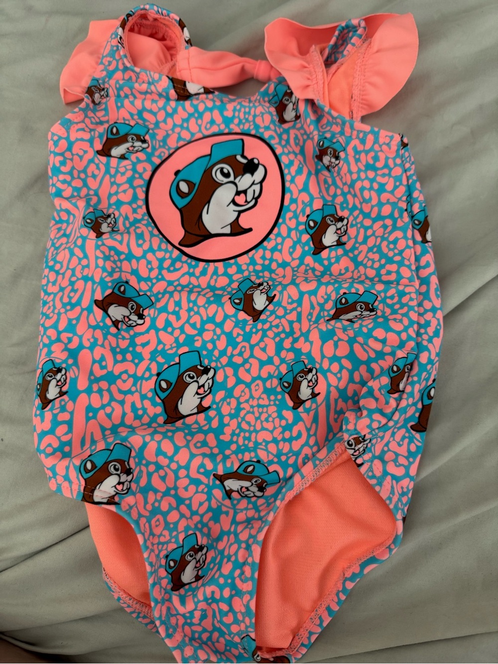 Coral Pink and Teal Kids One-Piece Swimsuit with beaver Graphic